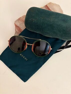 Gucci Round Metal Sunglasses with Green and Red Accents